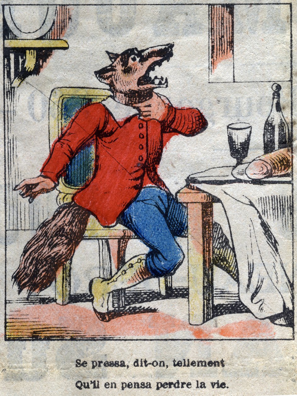 The Wolf and the Stork. Fables by Jean de La Fontaine (1621-95). Epinal Imaging from the End of the 19th Century by French School