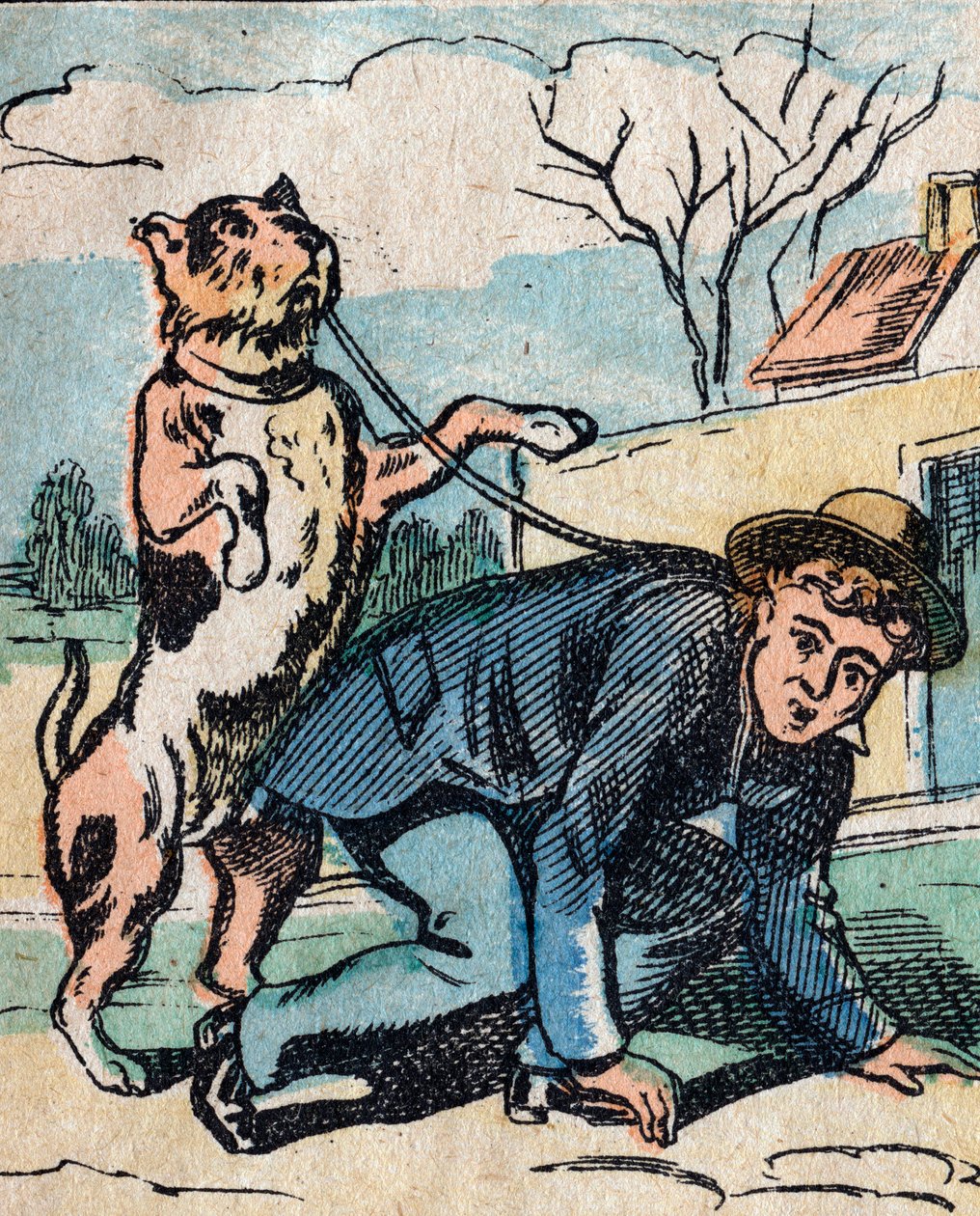 The world upside down, an imaginary land: a dog walking his master with a leash - Epinal picture by French School