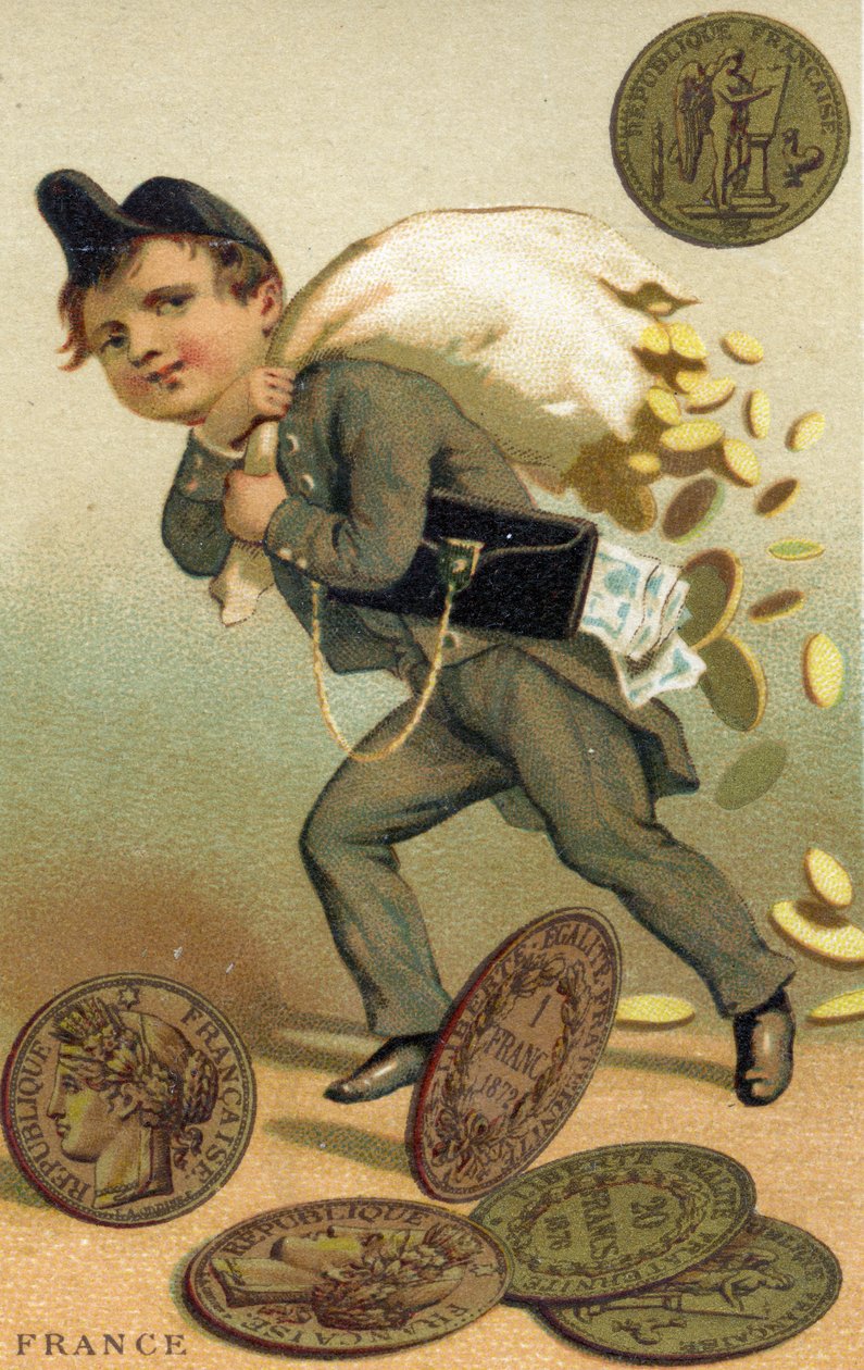 Thief escaping with a sack of French francs and banknotes, from a series of promotional cards on currencies in different countries, published in Paris by Baster & Vieillemard for use by the chocolate producer, Chocolat Ibled by French School