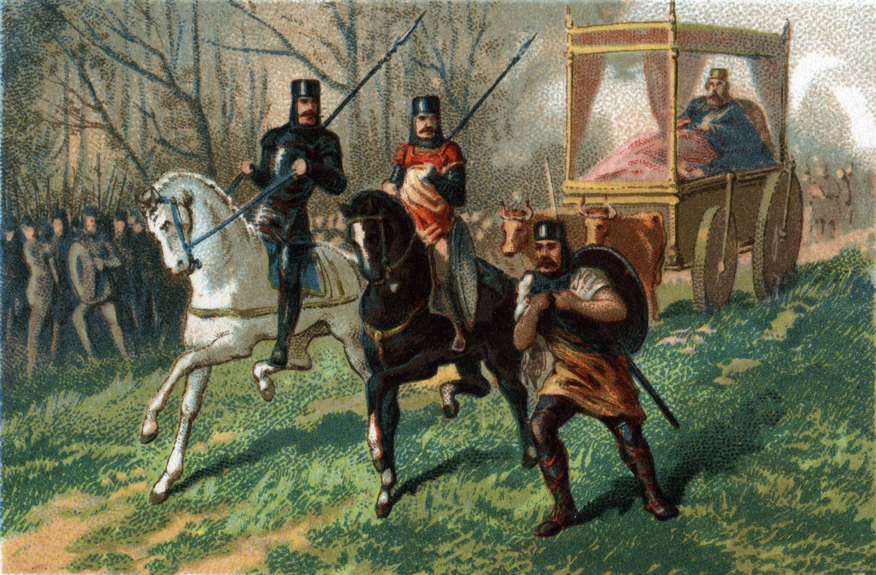 Thierry III, the Faineant King (673-691), walks through Paris in his carriage drawn by oxen. Chromolithography around 1890 by French School