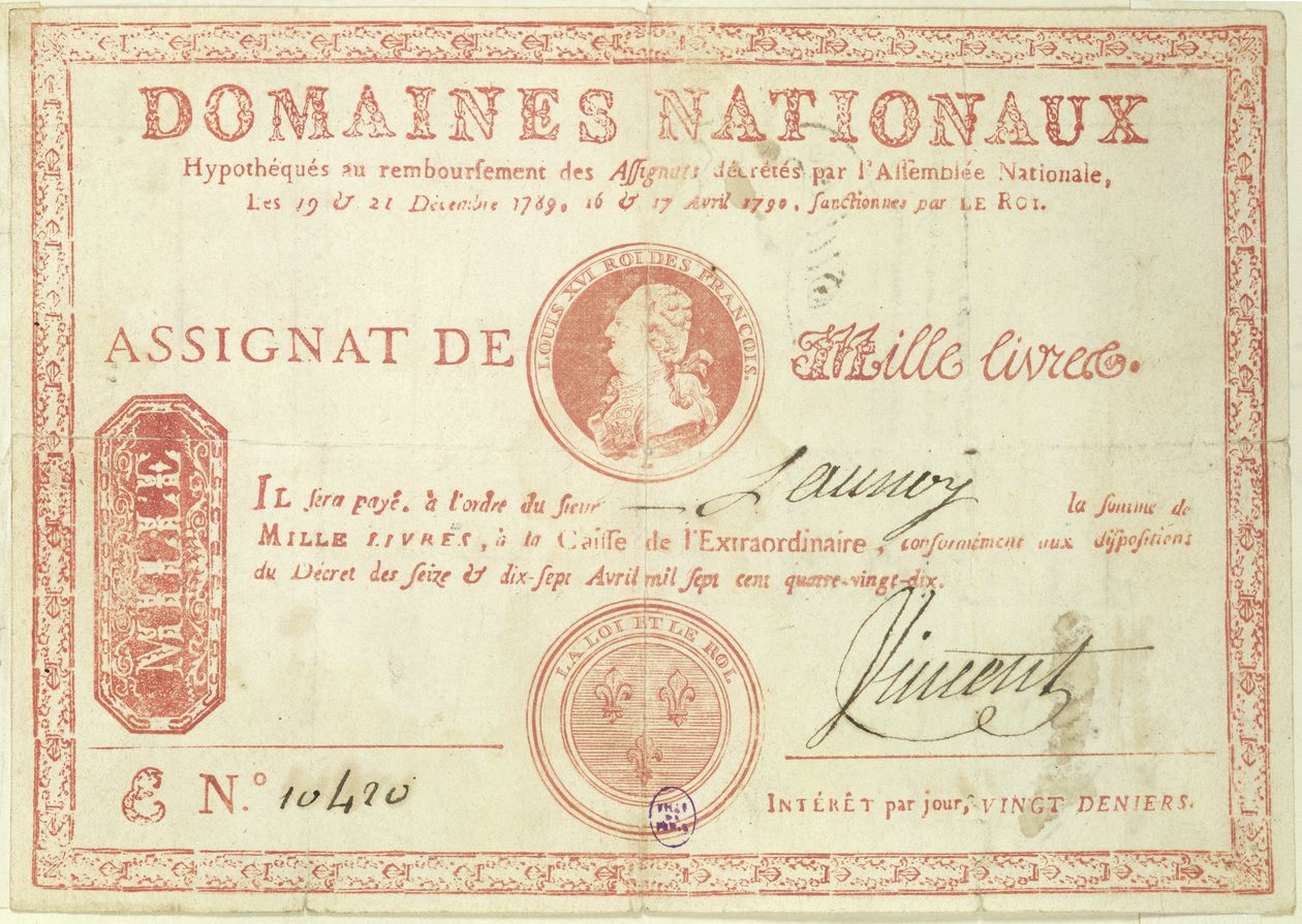 Thousand Livre Banknote with a Picture of Louis XVI (1754-93), 1790 by French School