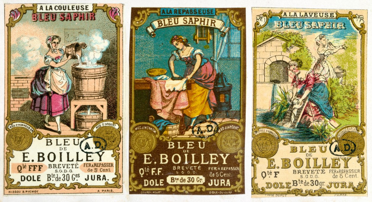 Three labels for the Bleu de E. Boilley brand of washing powder by French School