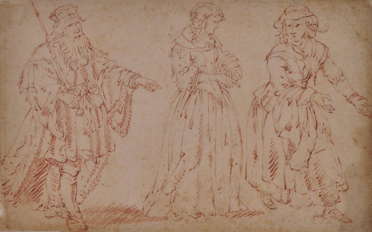 Three Theatrical Figures: King Lear, Cordelia, and Maid by French School