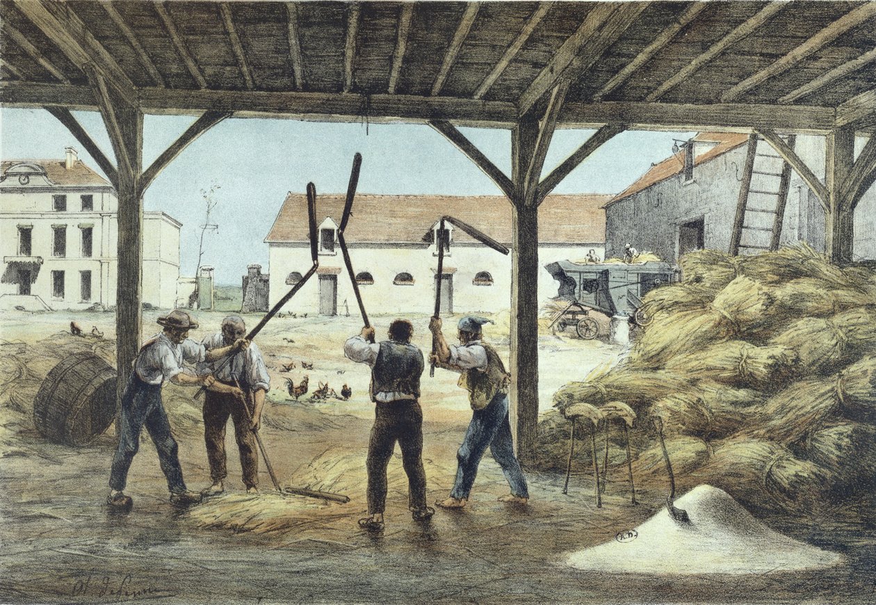 Threshing corn, illustration from a school textbook Enseignement par les yeux, 2nd half 19th century by French School