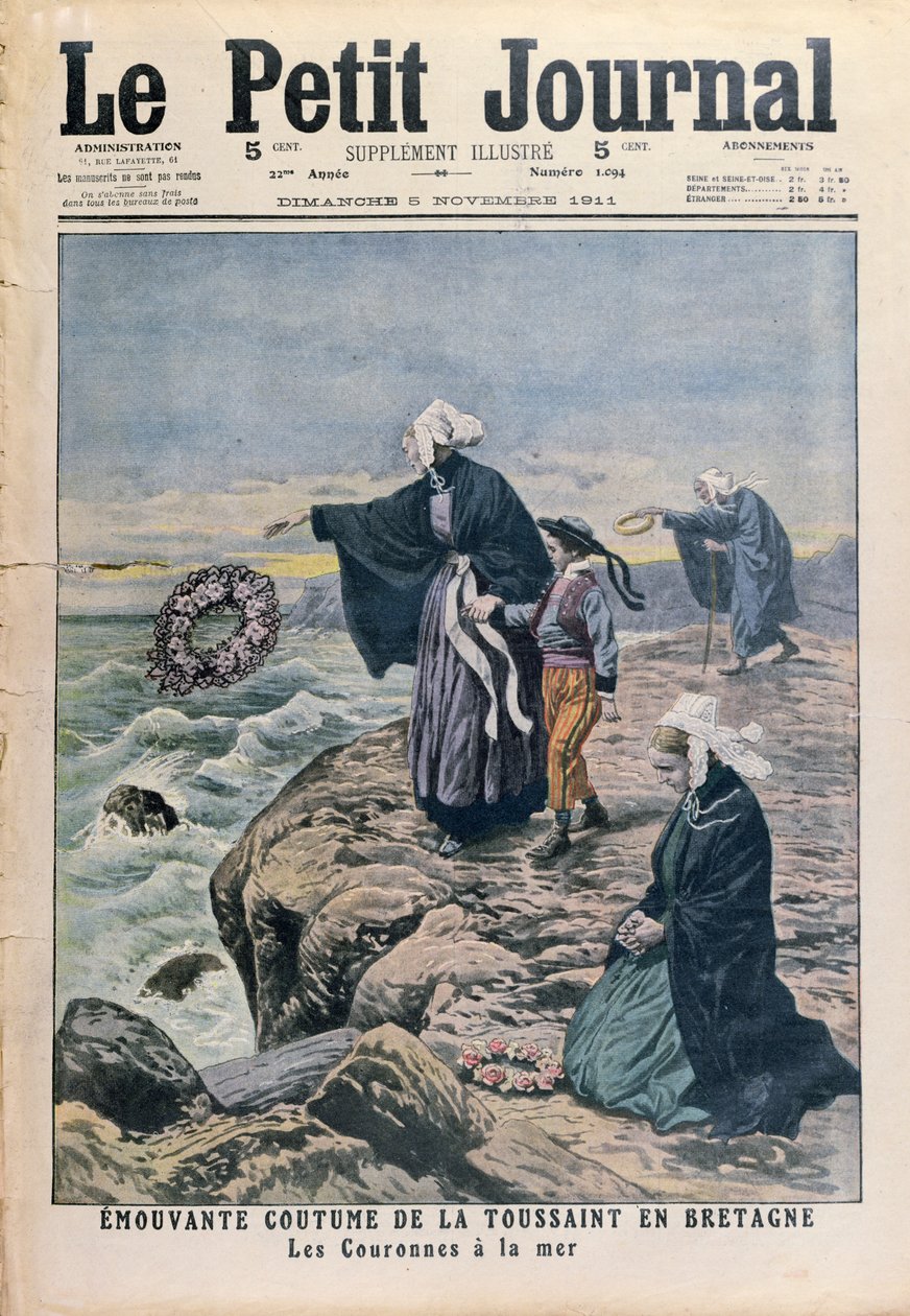Throwing wreaths in the sea on All Saints Day in Brittany, cover illustration from Le Petit Journal, 5th November 1911 by French School