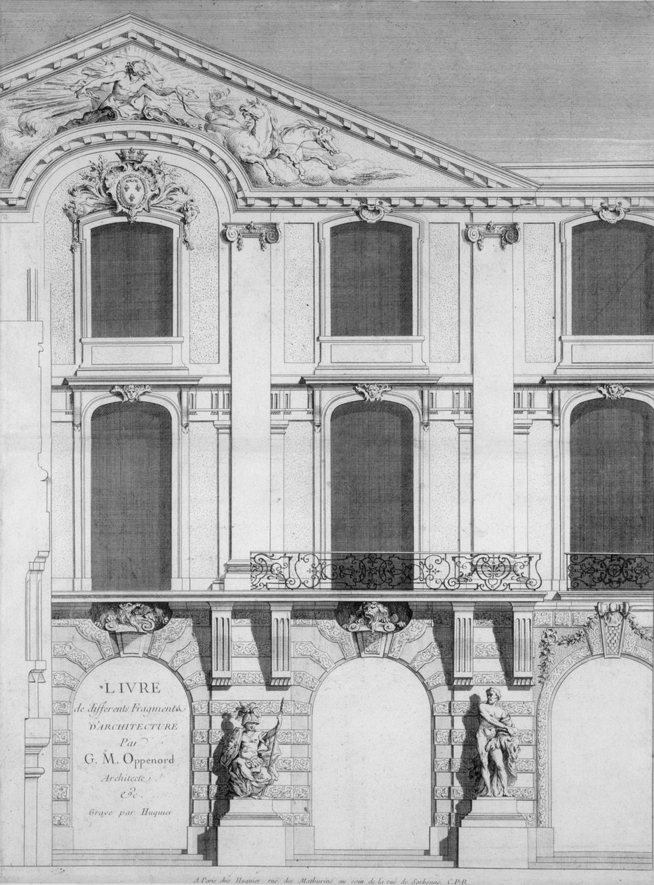 Title page of a book of engraved plates of Oppenords designs, published 1745 by French School
