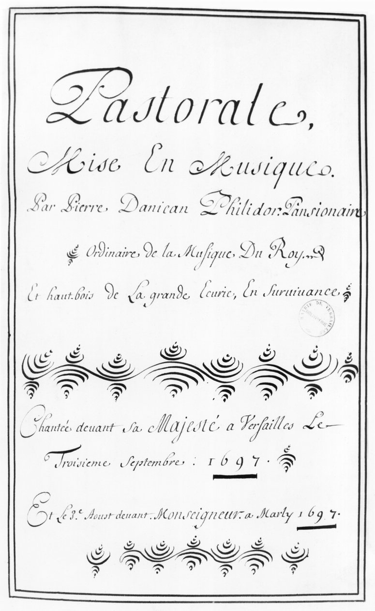 Title page of the Pastorale by Pierre Danican Philidor, 1697 by French School