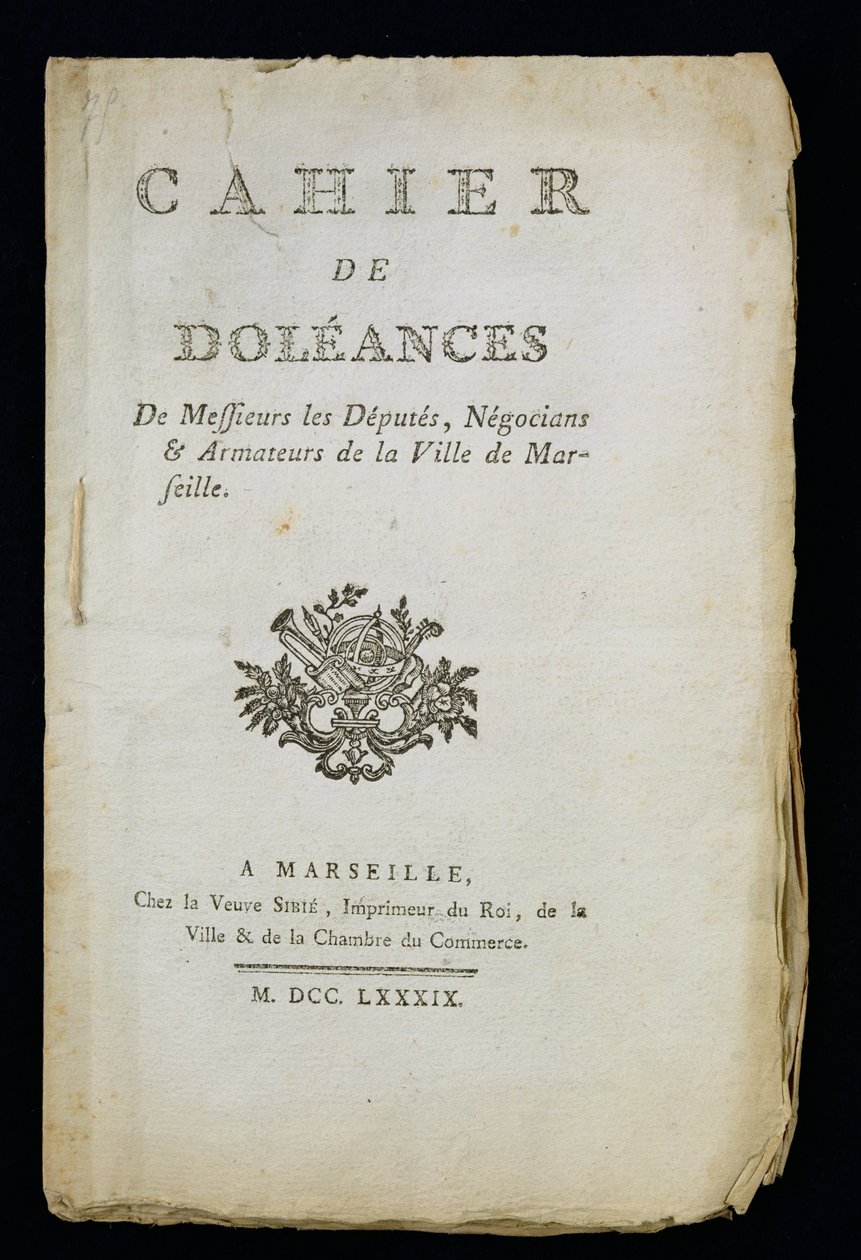Titlepage of the Book of Complaints of the Deputies, Merchants and Shipowners of Marseille, 1789 by French School