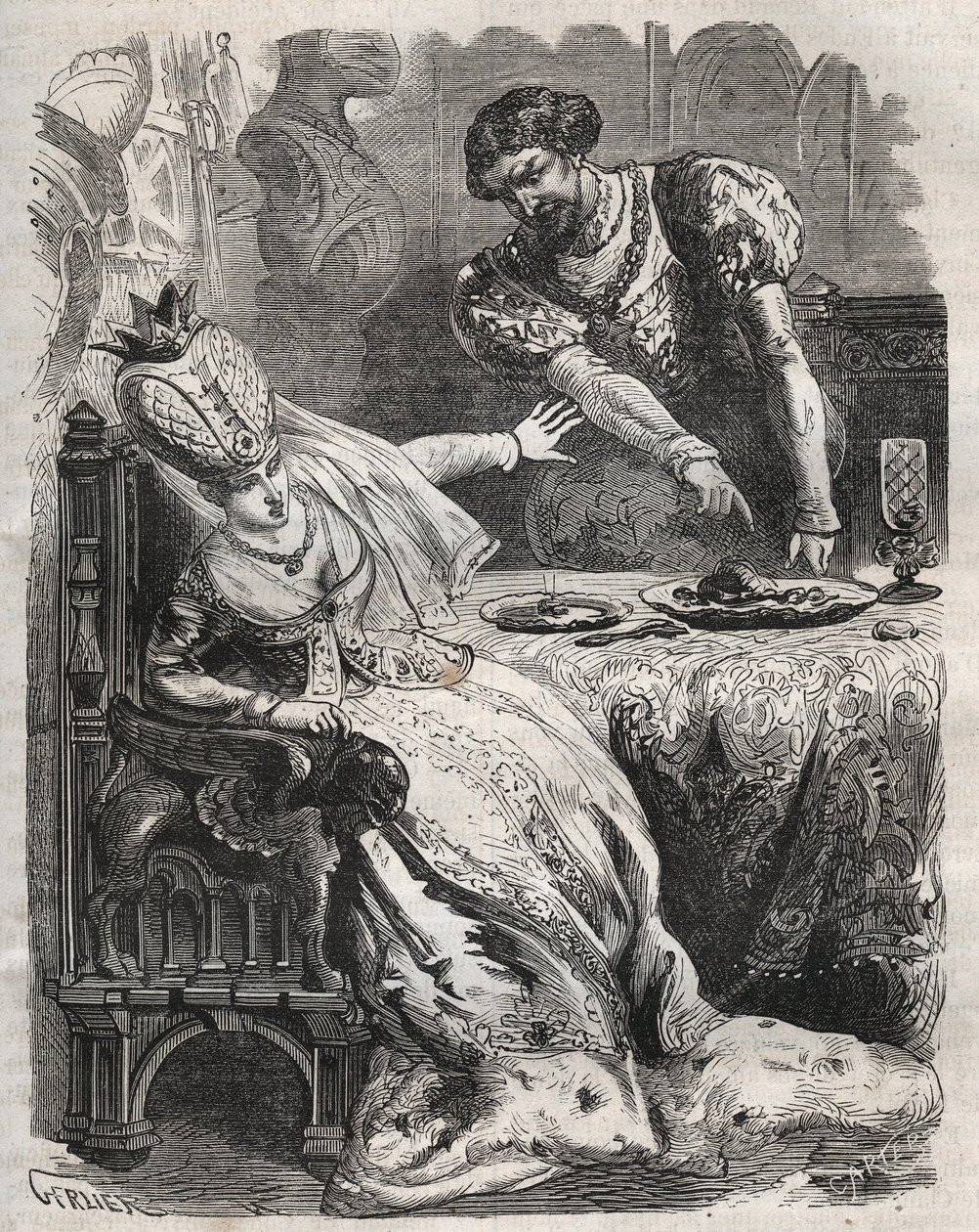To take revenge for the infidelity of his wife, Gabrielle de Vergy, Eudes de Fayel makes her eat without her knowledge the heart of her lover, Raoul de Coucy. Scene of a 12th century legend by French School