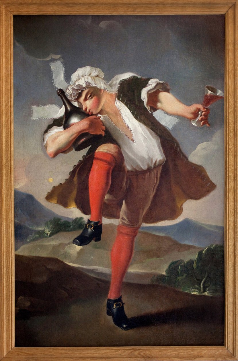 To the three orders reunited. A man representing the Clergy, the Nobility, and the Third Estate holds a glass of red wine and kisses a bottle by French School