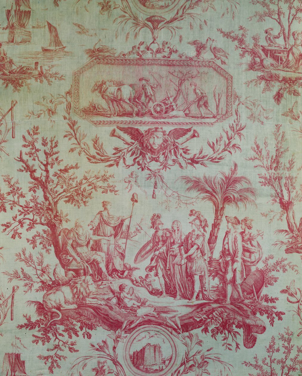Toile de Jouy (after designs by Jean-Baptiste Huet 1772-1793), Illustrating an Allegory of Louis XVI (1754-1793), King of France, restorer of liberty in February 1790 by French School