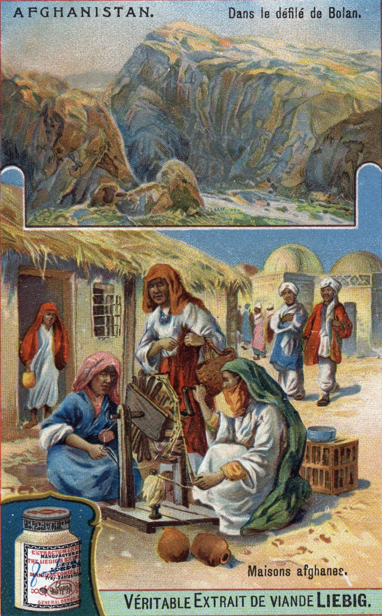 Top: Bolan parade in Afghanistan. Bottom: Afghan women weaving wool in front of their homes (Chromolithography of the 19th century) by French School