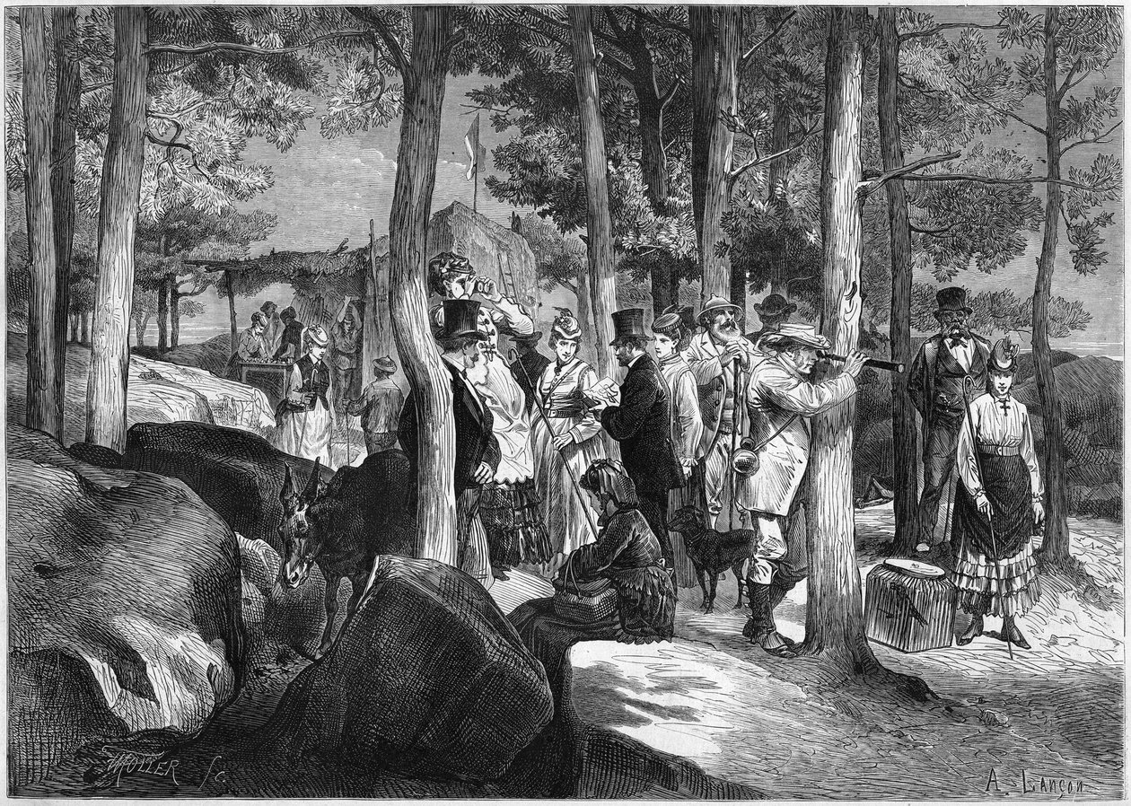 Tourists at the gorges of Apremont, near the entrance of the cave, in the forest of Fontainebleau by French School