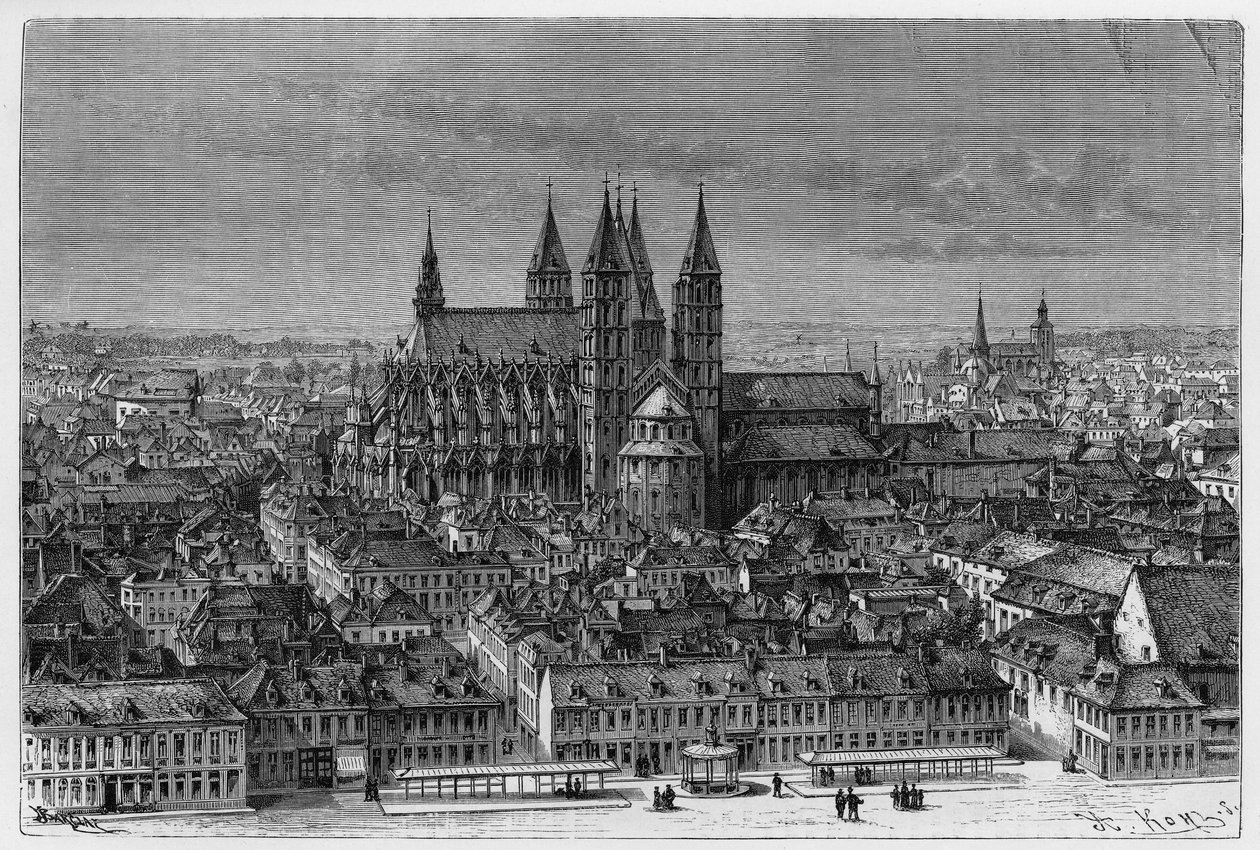 Tournai: Exterior View of Notre-Dame and Panorama of the City. Engraving by Barclay, to illustrate the story 