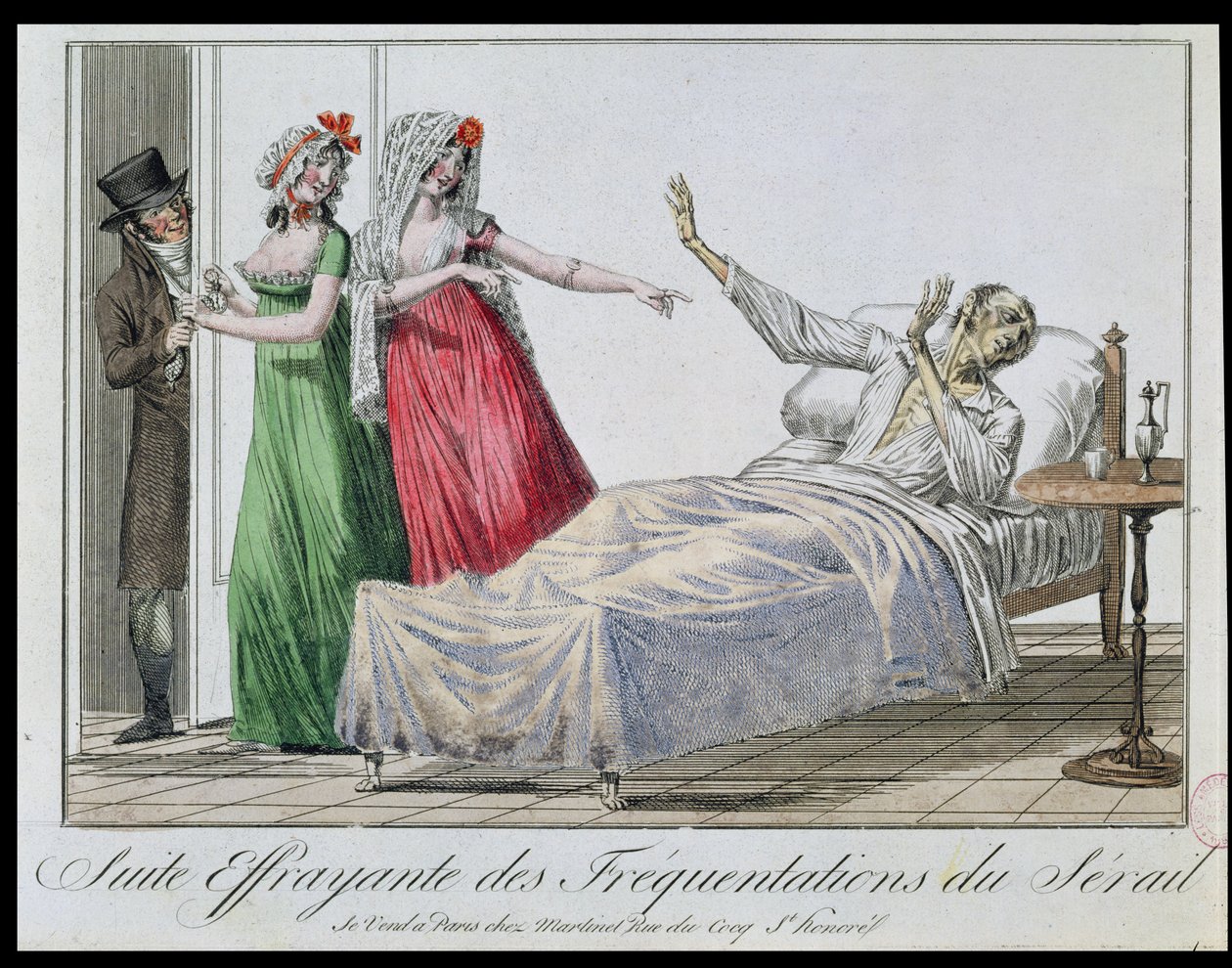 Tragic consequence of frequenting brothels, caricature of a syphilitic, c.1800 by French School