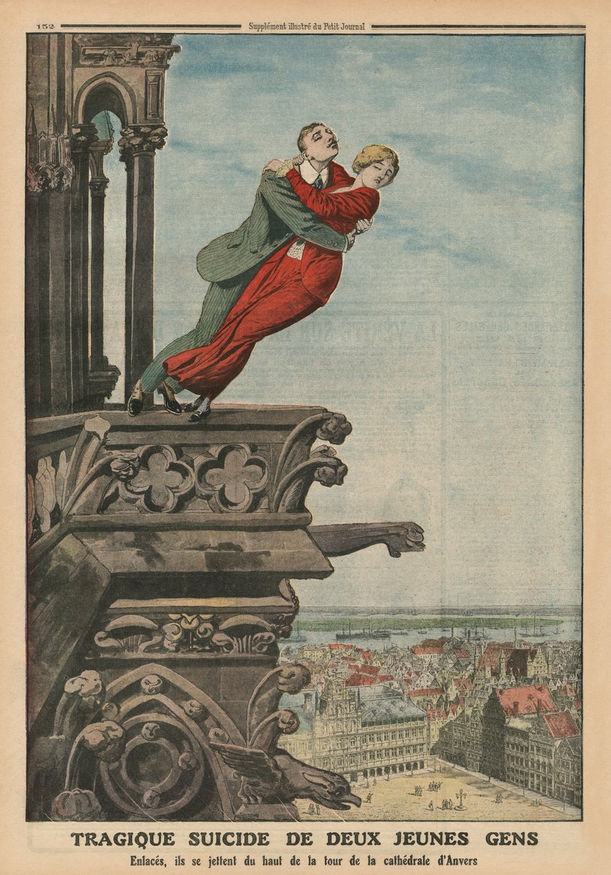 Tragic suicide of two young people from the tower of the cathedral in Antwerp, back cover illustration from 