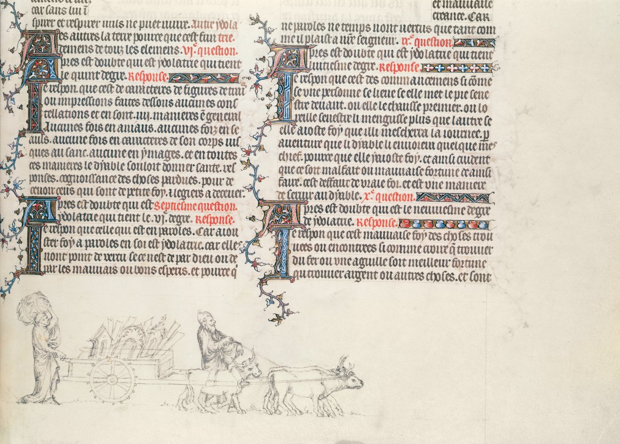 Transporting belongings in an ox-drawn cart, unfinished miniature from The Bible of Jean de Sy, c.1355 by French School