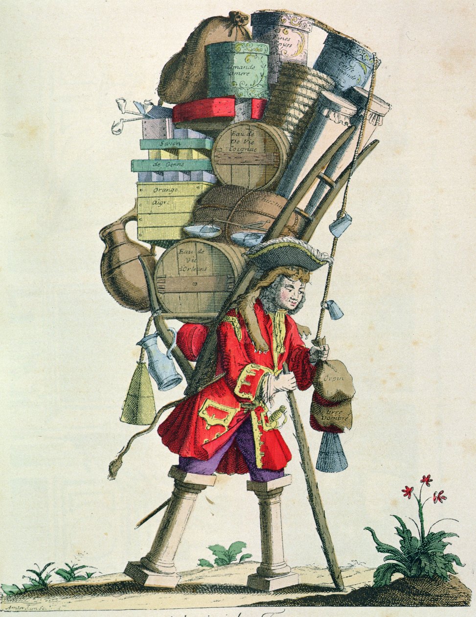 Travelling Spice, Liquor and Remedy Seller in 1721, from Costumes de Paris a Travers les Siecles, published 1887 by French School