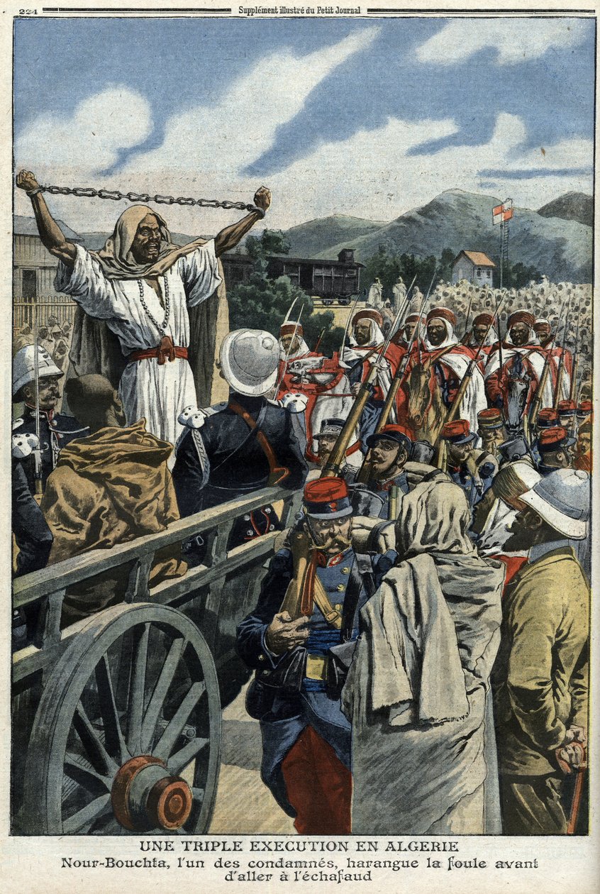 Triple execution in Algeria: execution of the assassins of Inspector Dubois and Brigadier Barbier: Nour Bouchta, one of the convicts, harangued the crowd before going to the scaffold - Le Petit Journal of July 11 by French School