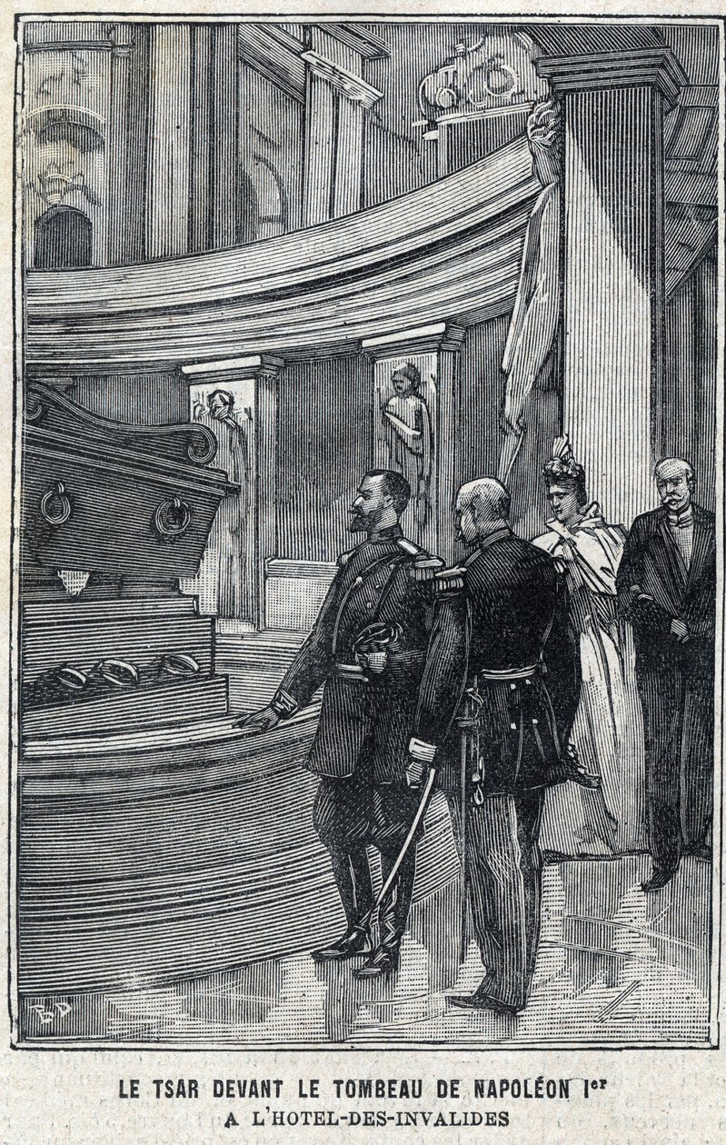 Tsar Nicholas II of Russia and Tsarina Alexandra Fiodorovna Romanova in front of the tomb of Napoleon I Bonaparte at the Hotel des Invalides in Paris, in "Le Petit Parisien" by French School