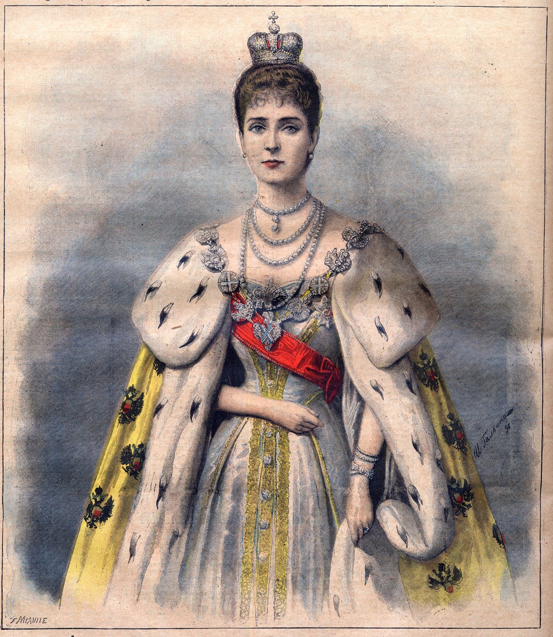 Tsarina Alexandra of Russia in her coronation robes - Tsarina Alexandra Fiodorovna in the costume of the sacred. Illustration for Le Petit Journal, 24 May 1896 by French School