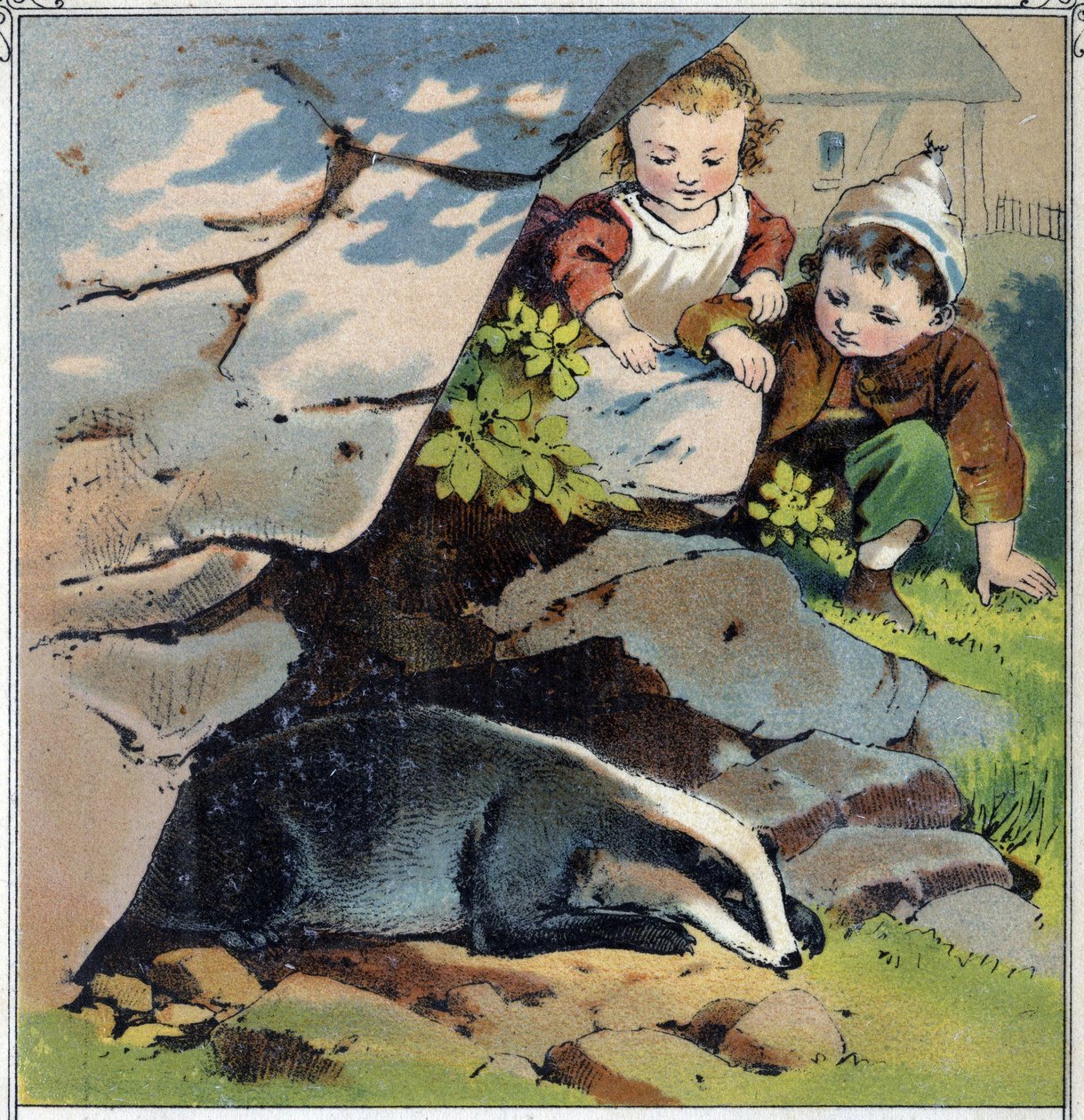 Two children observe a badger in his burrow. From 