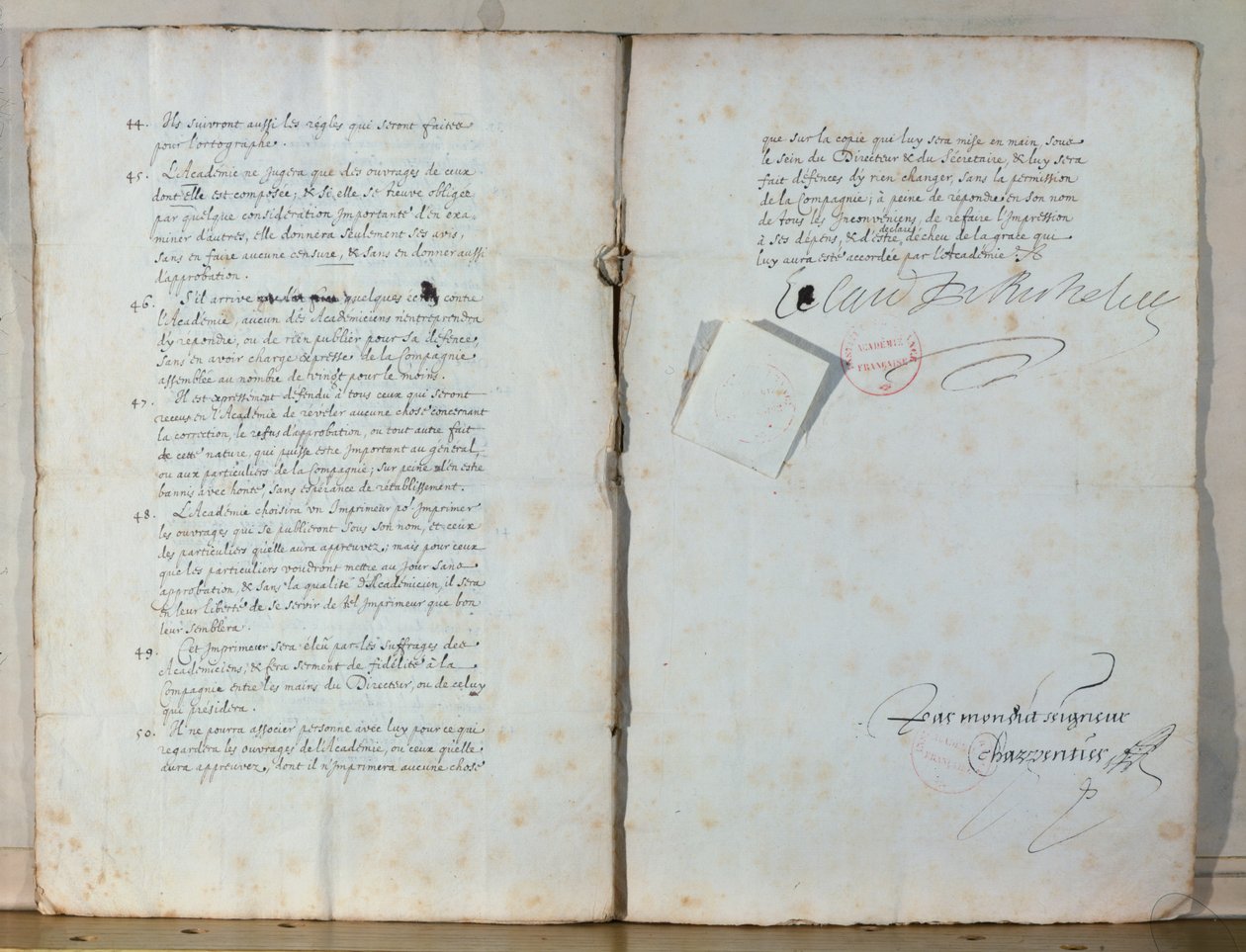 Two pages from the statutes of the French Academy, 1635 by French School