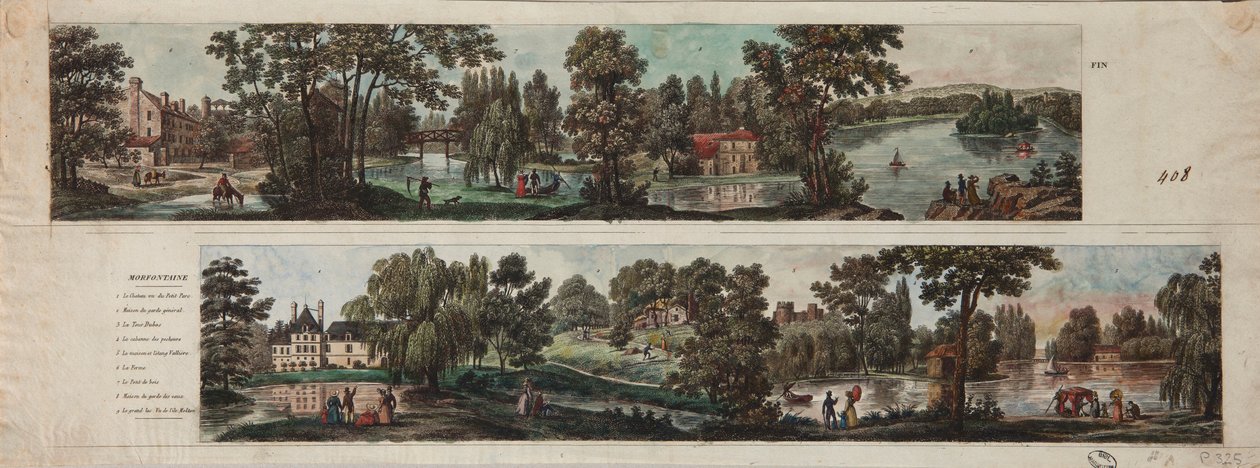 Two views of Mortefontaine Park with captions by French School