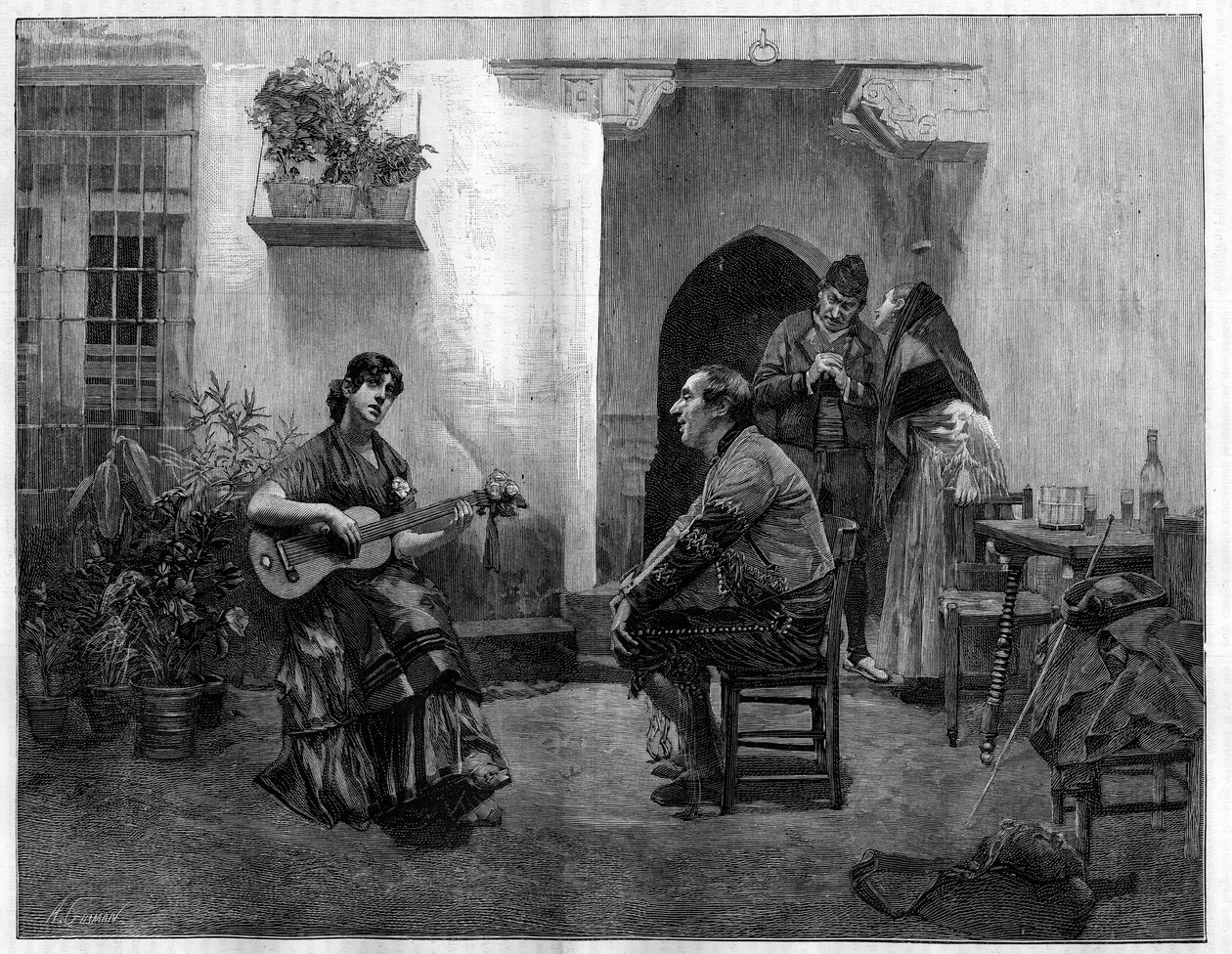 Under the spell: a man listening with admiration to a young Spanish girl playing the guitar. Engraving after the painting by Jules Worms (1832-1914) in The Illustrous World, May 1 by French School