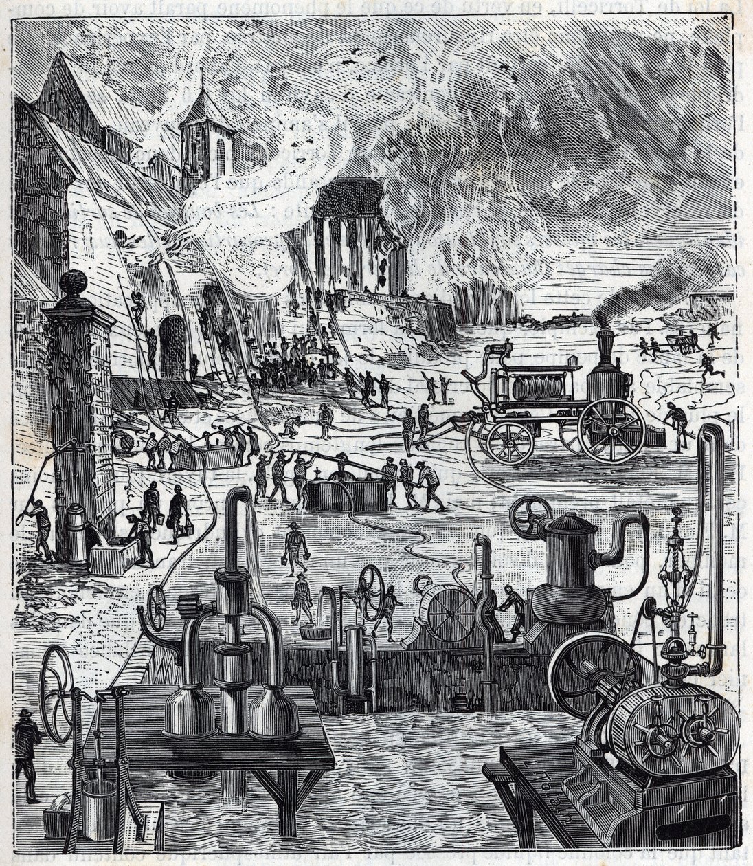 Use of Various Pump Systems in a Fire in the 19th Century - Engraving in 