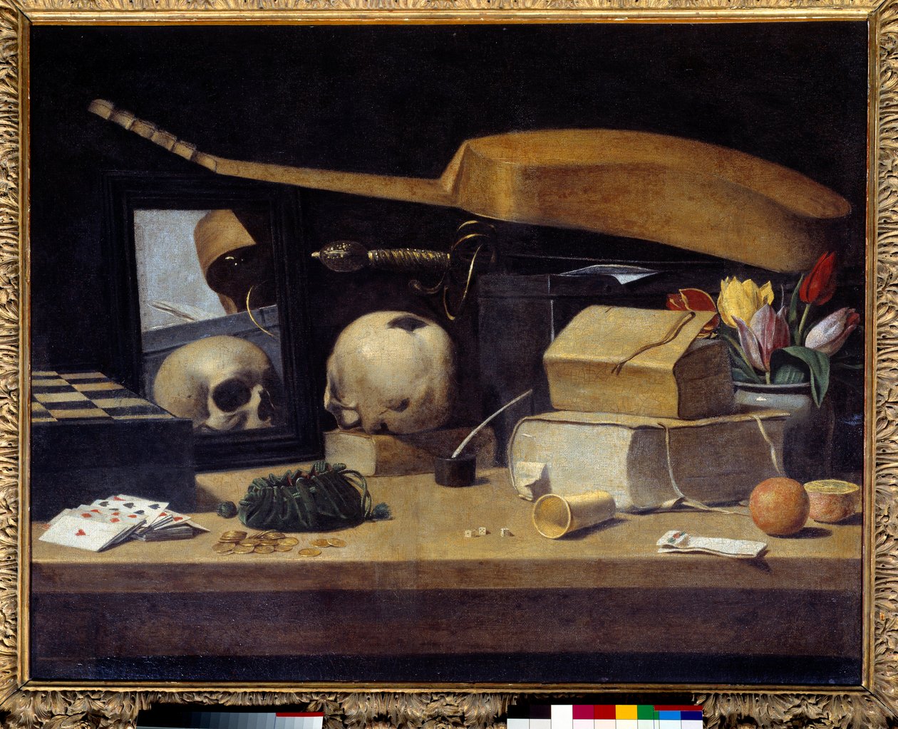 Vanitas Still Life with deck of cards, instrument and skull by French School