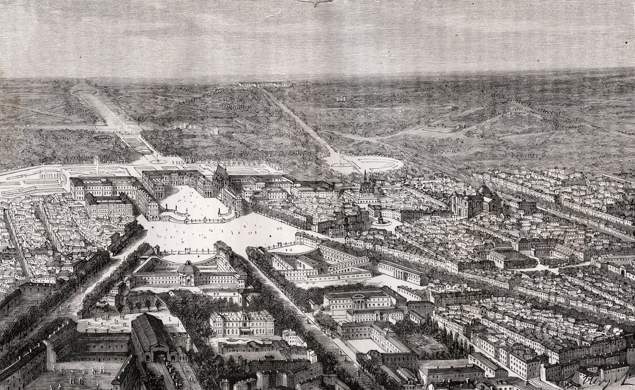 Versailles with its castle in the 19th century - engraving in 