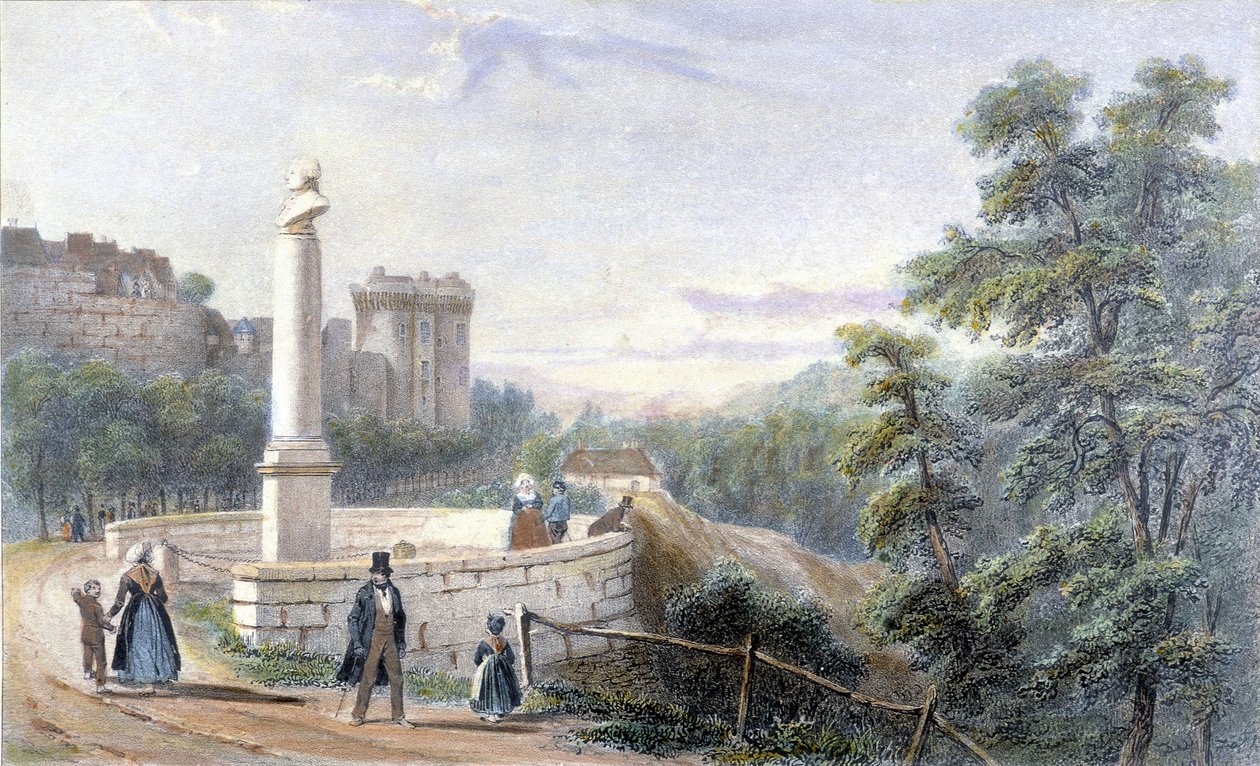 View of Dinan Castle and the statue of Duclos Pinot. Illustration of the 19th century preserved at the Museum of Dinan by French School
