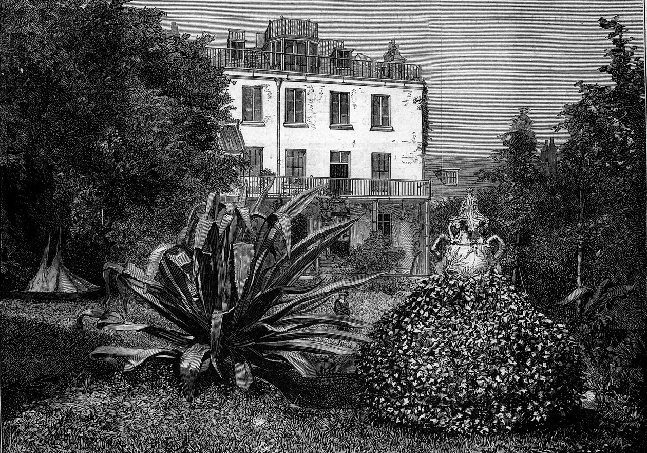 View of Hauteville House, residence of Victor Hugo during his exile on the island of Guernsey. Engraving in 