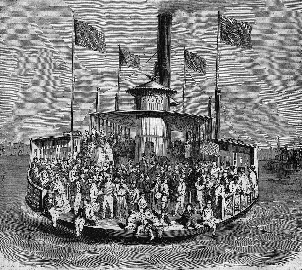View of a steamer making connections between the islands and the city of New York. Engraving by French School