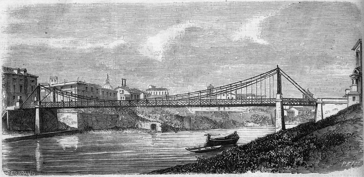 View of the Saint John Bridge on the Tiber River (Tevere) in Italy, inaugurated in 1863. This steel bridge was designed by Alphonse Oudry (1819-1869). Engraving in 