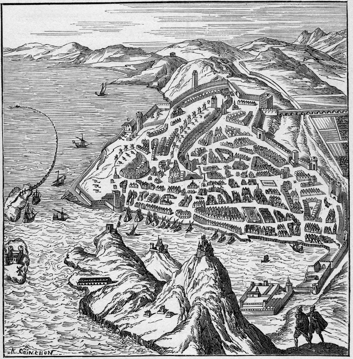 View of the city and port of Marseille in the 16th century. Engraving in 