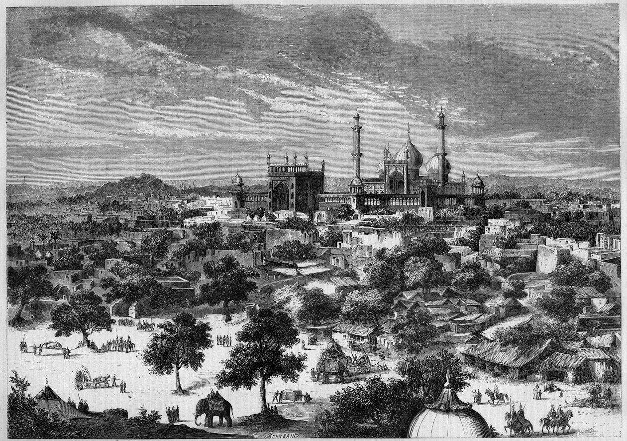 View of the city of Delhi (India) in 1857. From a sketch of Prince Alexis Soltykoff. Engraving by Bertrand in 