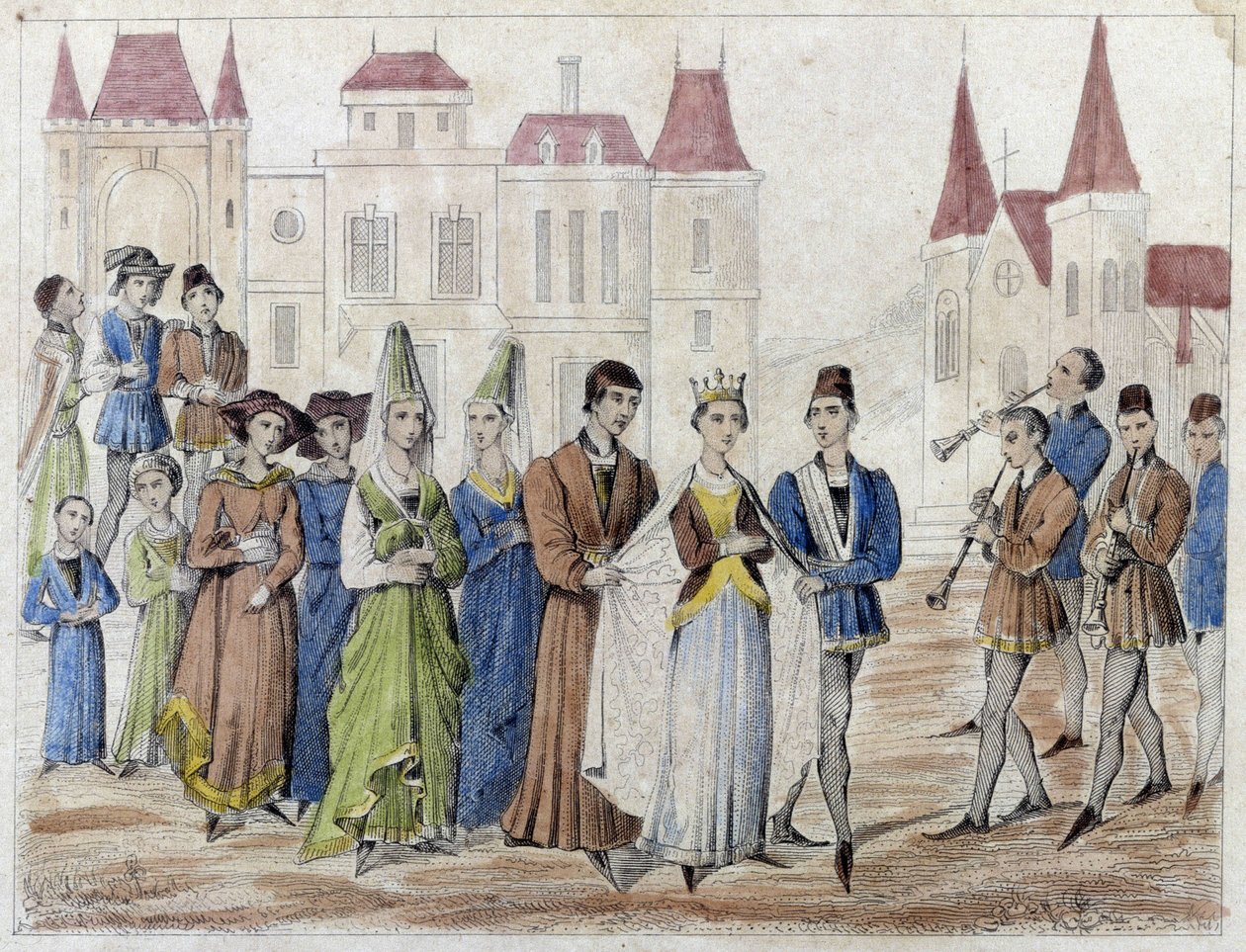 Village wedding under Charles V - Engraving 19th century by French School
