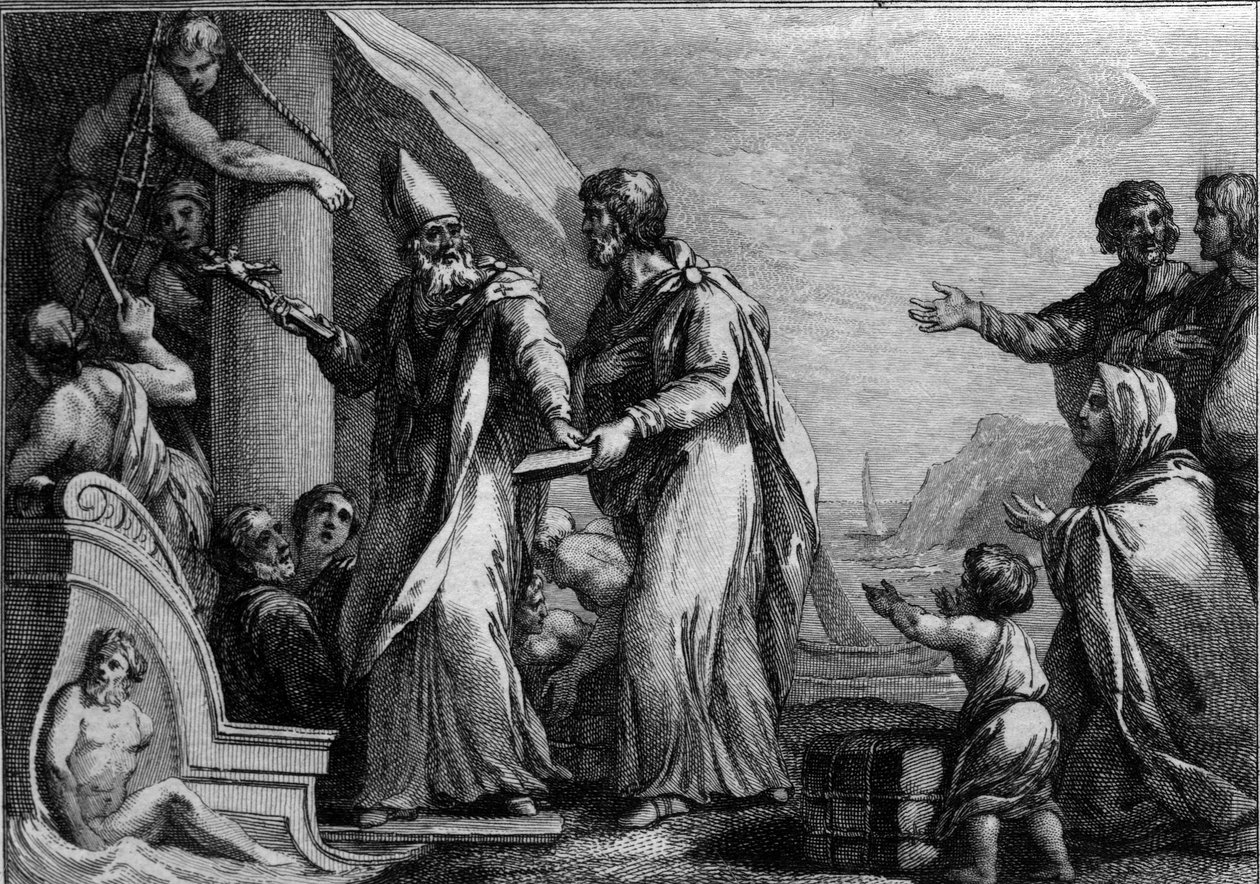 Visit of Saint Germain the Auxerrois to England, around 430: Saint Germain (around 378-448), Auxerre bishop, who came to fight pelagianism, considered a heresy. Engraving of the 18th century by French School