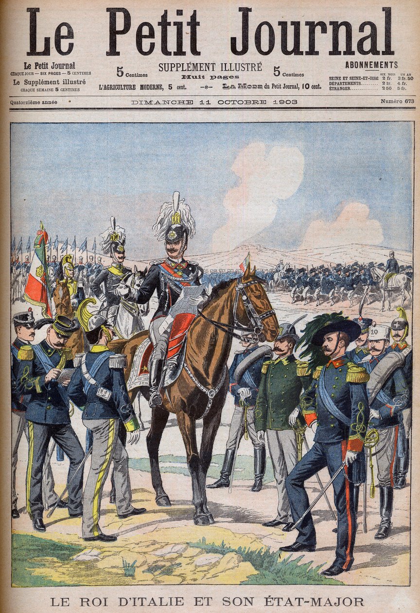 Vittorio Emanuele III di Savoia - King Victor Emmanuel III of Italy and his general staff. The King of Italy and his Staff. Illustration for Le Petit Journal by French School