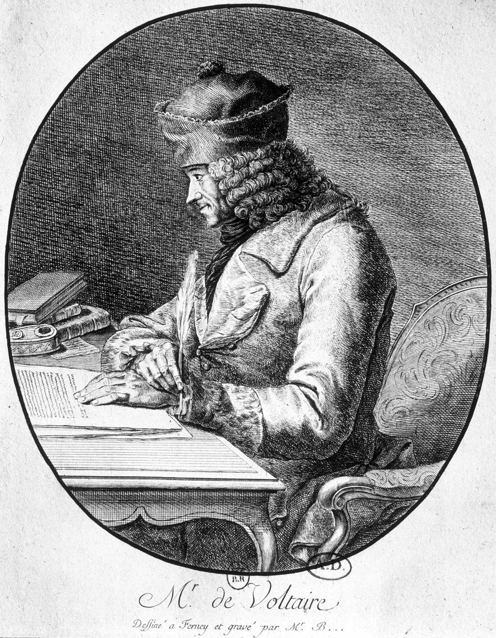 Voltaire at his work table by French School