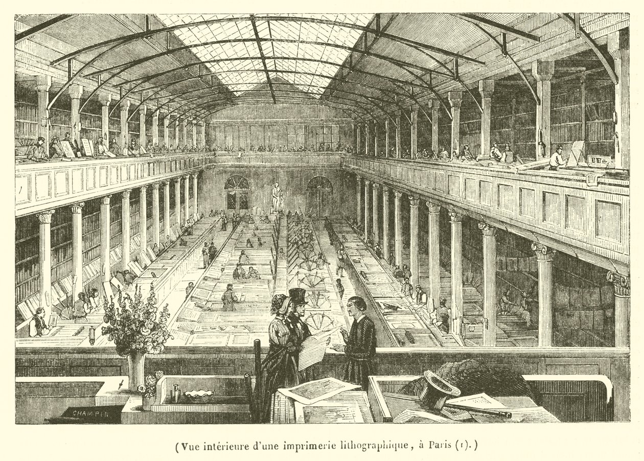 Interior View of a Lithographic Printing House in Paris (engraving) by French School