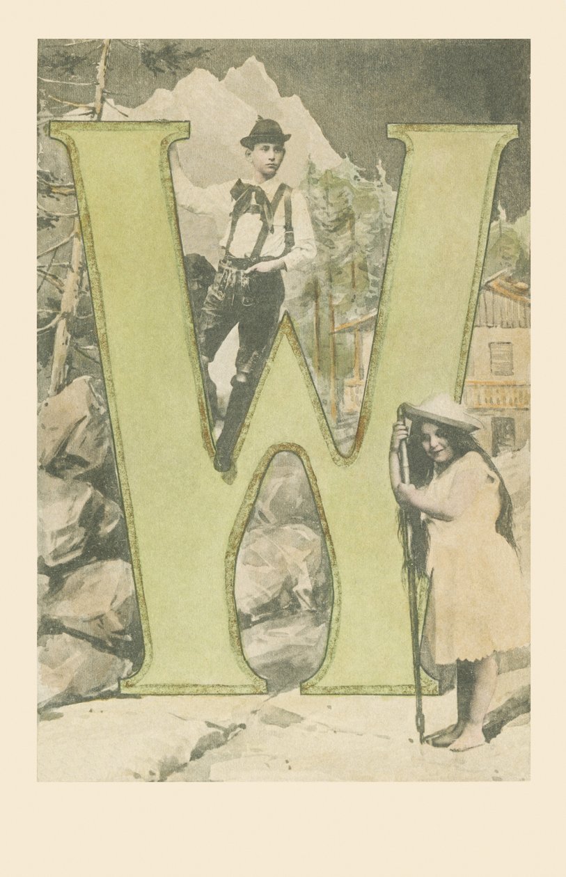 A boy in Tyrolean costume, a girl holding a mountain stick by French School