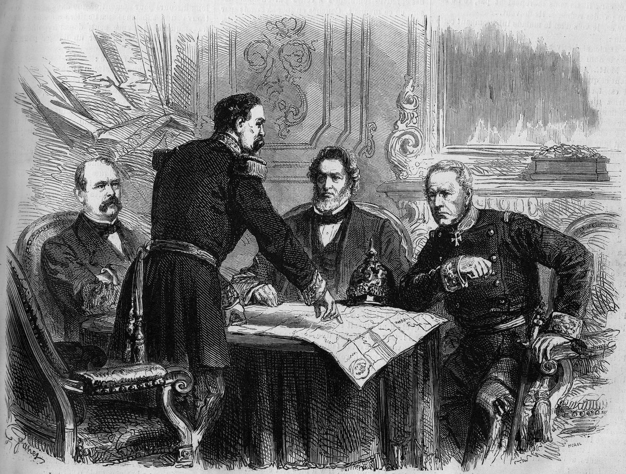 War of 1870 - Siege of Paris: signing of the armistice between the French and Prussian representatives after the surrender of Paris, 28 January 1871. From left to right: Otto von Bismarck (1815-1898), Horix de Valdan (1810-1883), Jules Favre (1809-1880) by French School