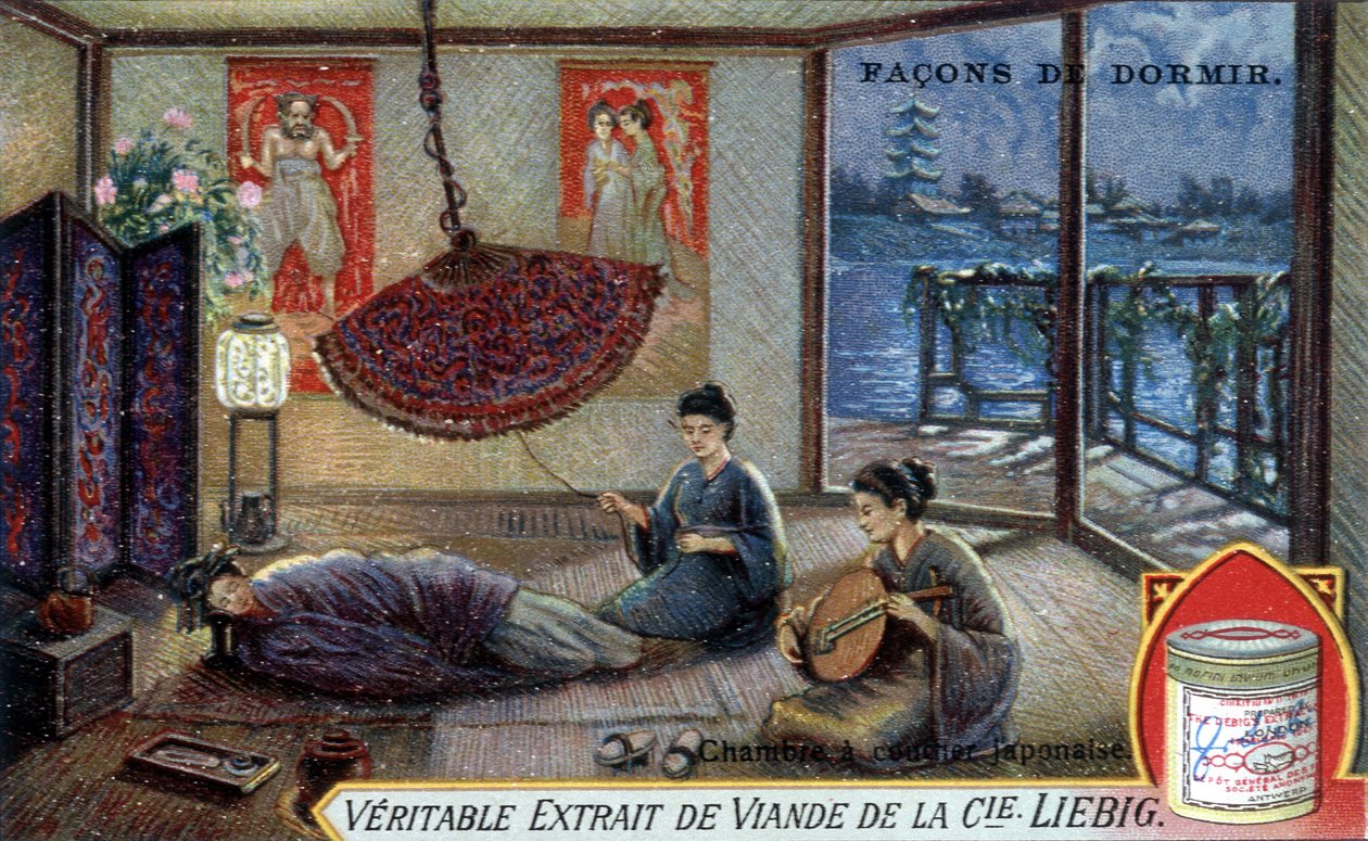Ways to sleep: Japanese bedroom. Liebig packaging chromolithography by French School
