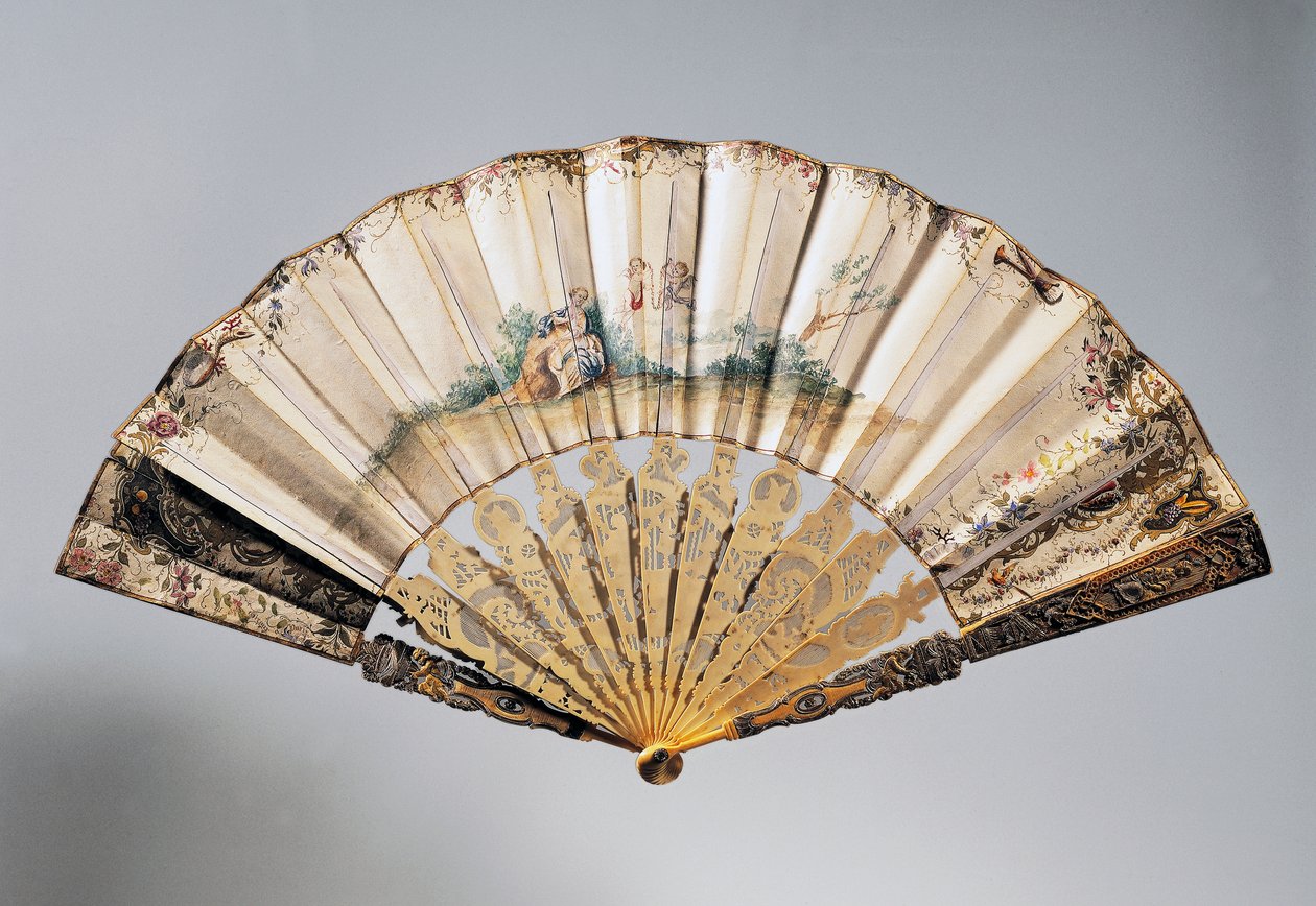 Wedding Hand Fan with Cherubs and Bathsheba, Louis XVI Style Ribs by French School