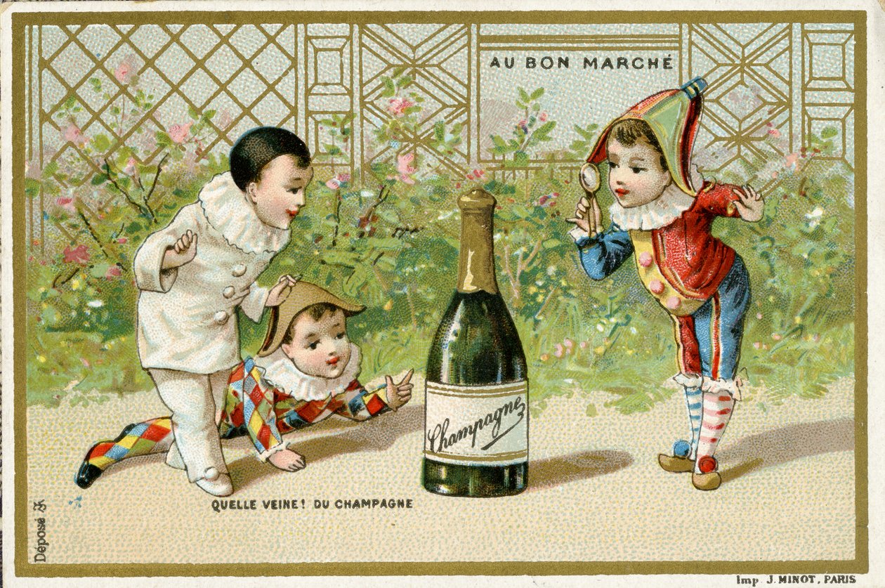What Luck! a Bottle of Champagne, promotional card for the Parisian Department Store Au Bon Marché, c.1895 by French School