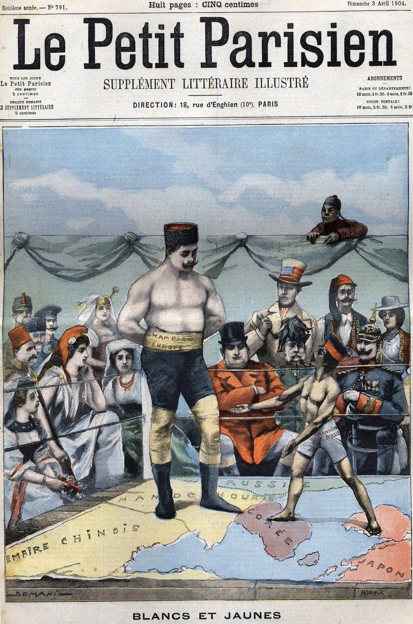 White and Yellow (cartoon about the Russian-Japanese war: countries like France, USA, China... watching Japan and Russia boxing). Cover Le petit Parisien of April 3 by French School