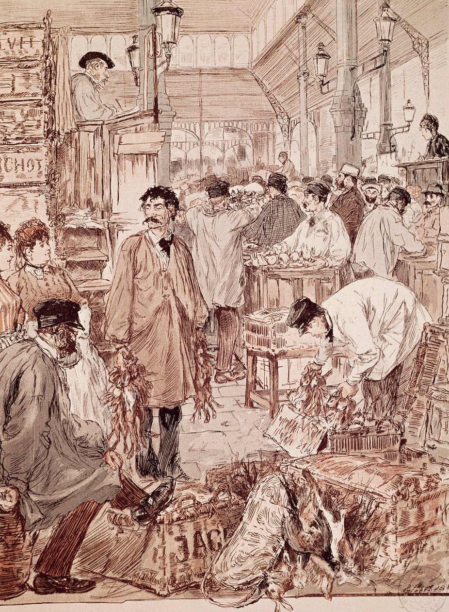 Wild game auction at Les Halles, illustration, Paris by French School